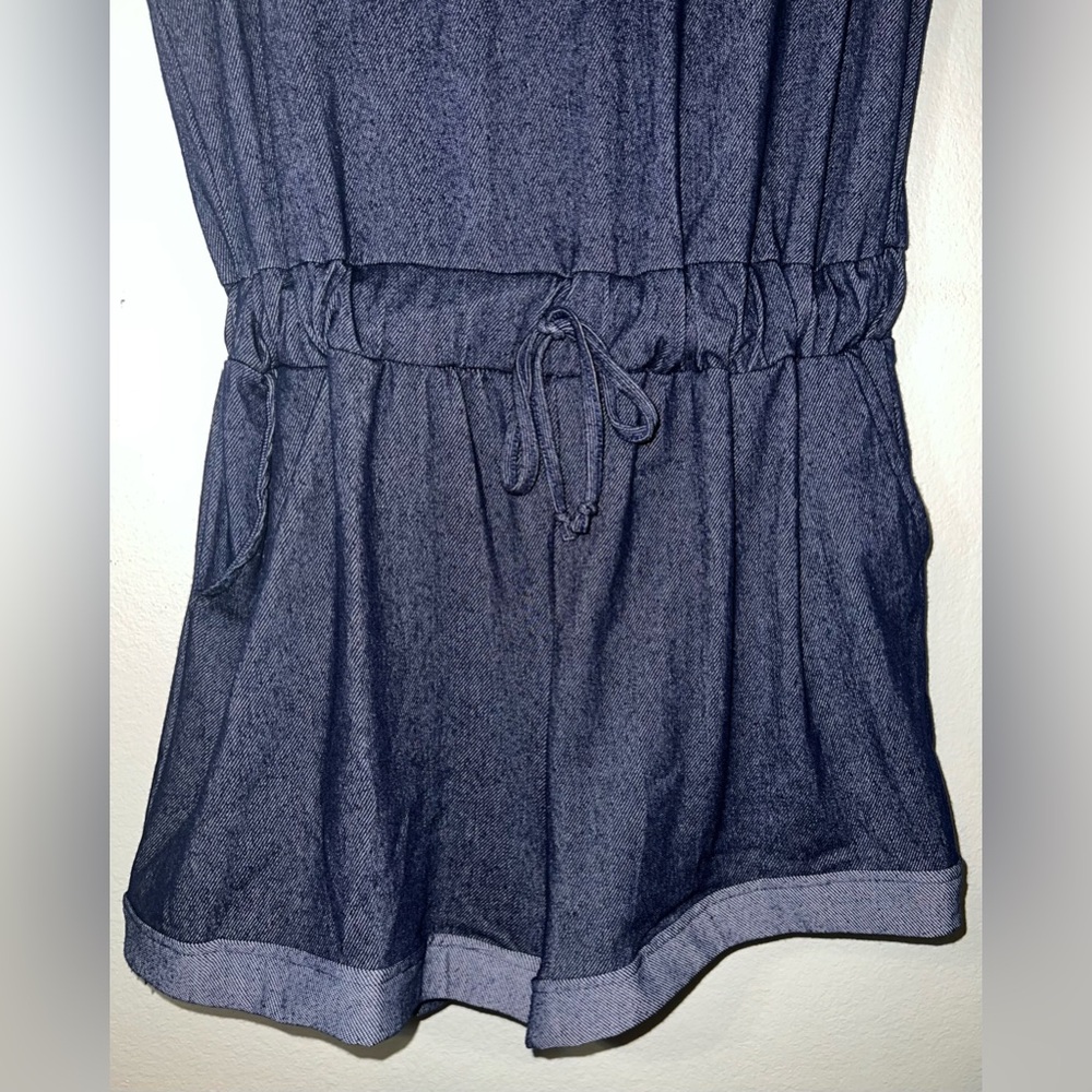 ShoSho Blue Denim Sleeveless Button Up Romper With Waist Tie & Pockets! Size L. - Picture 3 of 11